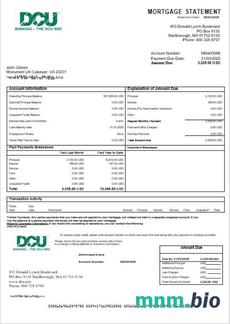 USA DCU Bank wyciąg z kredytu hipotecznego w formatach Word i PDF